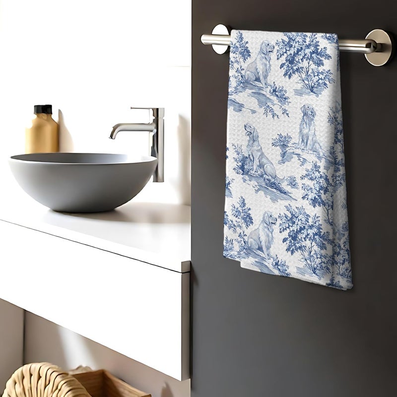Nipil Chinoiserie Floral Golden Retriever Kitchen Towels, Blue and White Floral Golden Retriever Decorative Dish Tea Towels, Grandmillennial Botanical Dog Hand Towels for Kitchen Bathroom, 16x24 Inch - Image 3